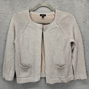 Talbots Petite Open Front‎ Knit Cardigan Sweater Metallic Linen Blend Beige
